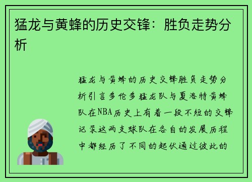 猛龙与黄蜂的历史交锋：胜负走势分析