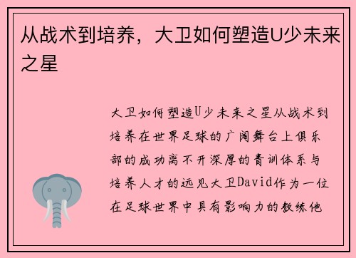 从战术到培养，大卫如何塑造U少未来之星