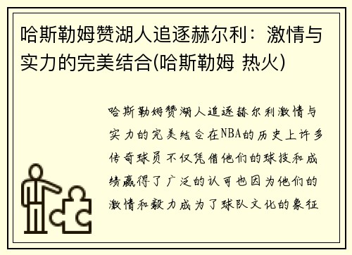 哈斯勒姆赞湖人追逐赫尔利：激情与实力的完美结合(哈斯勒姆 热火)