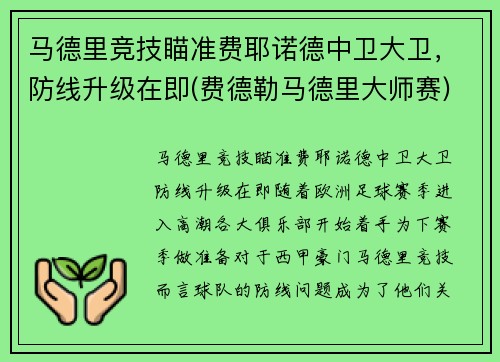 马德里竞技瞄准费耶诺德中卫大卫，防线升级在即(费德勒马德里大师赛)